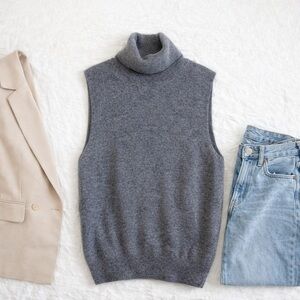 Mango Wool Sleeveless Turtleneck Sweater Vest Grey Minimalist Knit Size XS